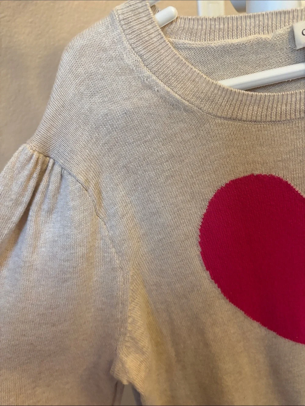 Crewcuts Beige Sweater with Bright Pink Heart Graphic